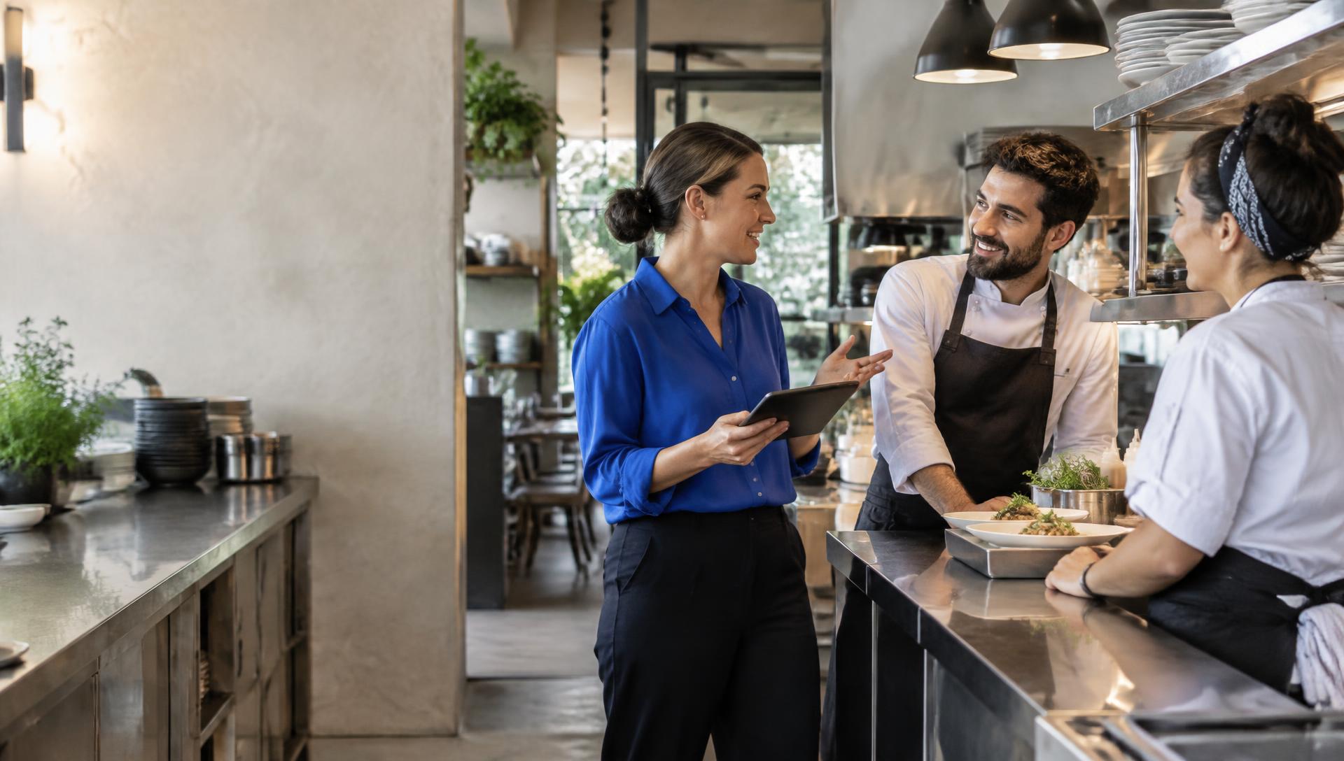 A restaurant manager and her team having a conversation at the kitchen pass